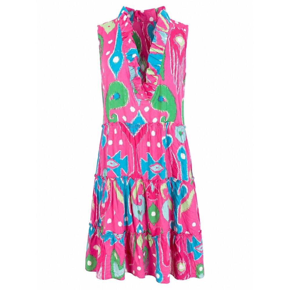 Pink Tropical Ruffle Neck Tiered Sleeveless Dress Boho Resort Vacation Plus  PXL